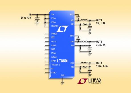 42V-kapabel synkron step-down switching-regulator med tre spændingsudgange