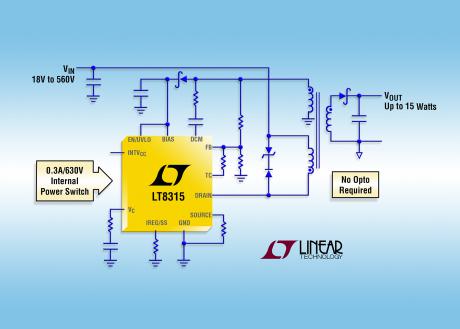 560V 'no opto' flyback regulator kan levere 15W